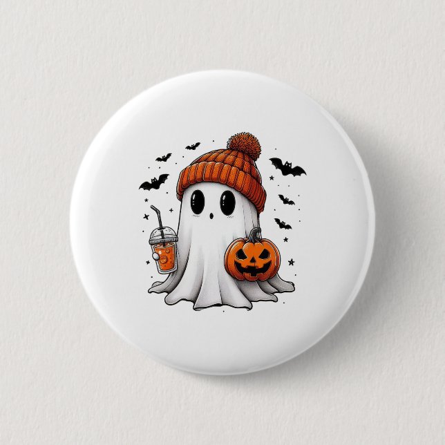 Cute Ghost Drinking Coffee Halloween Ghost Coffee  6 Cm Round Badge (Front)