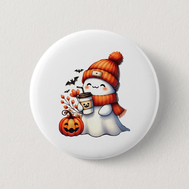 Cute Ghost Drinking Coffee Halloween Ghost Coffee  6 Cm Round Badge (Front)