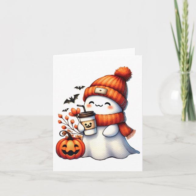 Cute Ghost Drinking Coffee Halloween Ghost Coffee  Card (Front)