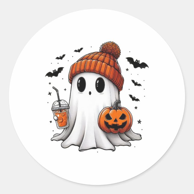 Cute Ghost Drinking Coffee Halloween Ghost Coffee  Classic Round Sticker (Front)