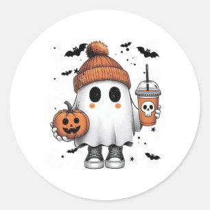 Cute Ghost Drinking Coffee Halloween Ghost Coffee Classic Round Sticker