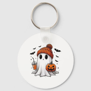 Cute Ghost Drinking Coffee Halloween Ghost Coffee Key Ring