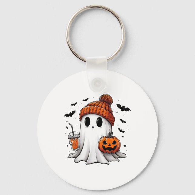 Cute Ghost Drinking Coffee Halloween Ghost Coffee  Key Ring (Front)