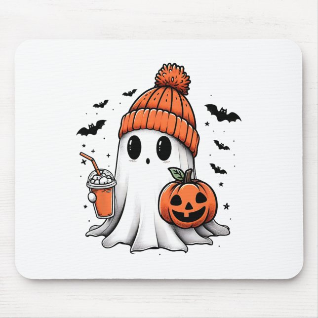 Cute Ghost Drinking Coffee Halloween Ghost Coffee  Mouse Mat (Front)