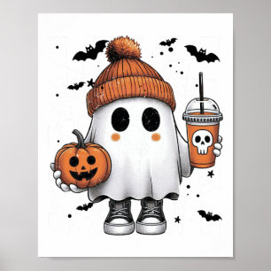 Cute Ghost Drinking Coffee Halloween Ghost Coffee Poster