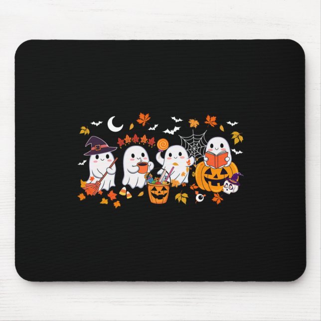 Cute Ghost Drinking Coffee Halloween Ghost Fall Bo Mouse Mat (Front)