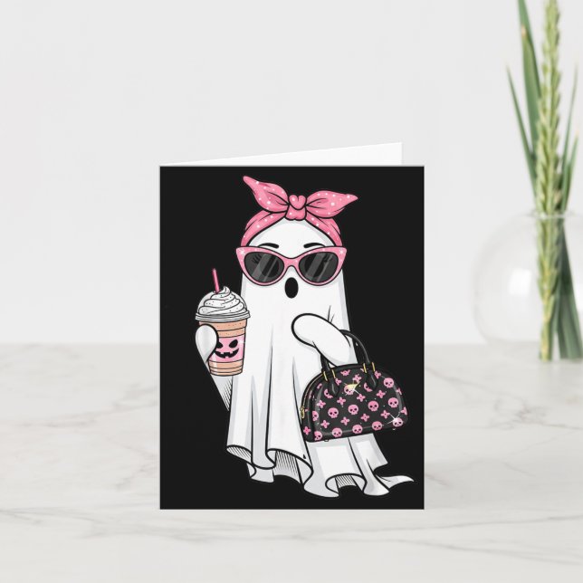 Cute Ghost Drinking Coffee Halloween Ghost Ice Card (Front)