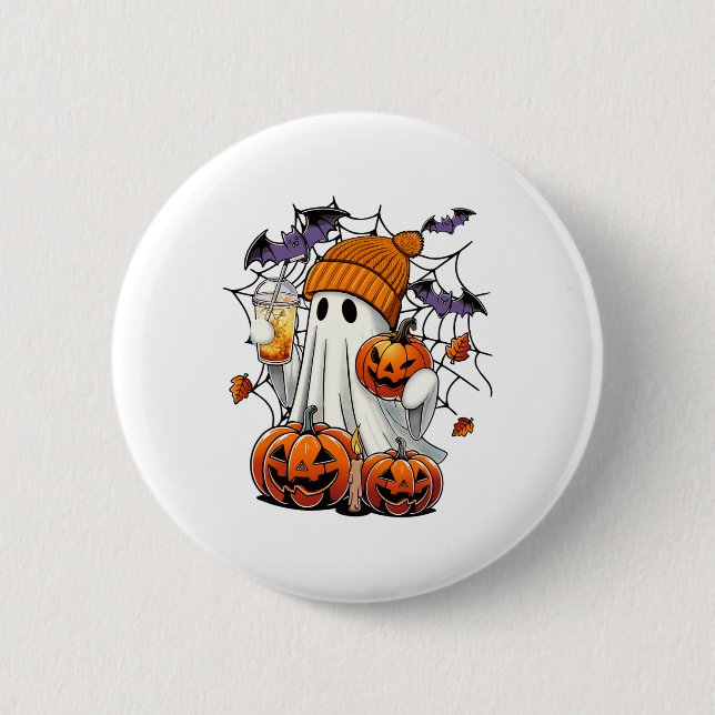 Cute Ghost Drinking Coffee Halloween Ghost Ice Cof 6 Cm Round Badge (Front)