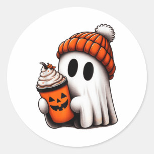 Cute Ghost Drinking Coffee Halloween Ghost Ice Cof Classic Round Sticker