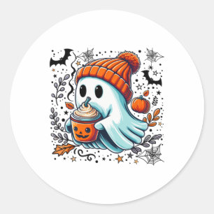 Cute Ghost Drinking Coffee Halloween Ghost Ice Cof Classic Round Sticker