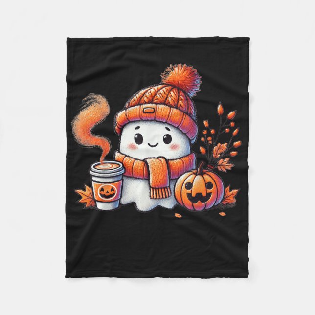Cute Ghost Drinking Coffee Halloween Ghost Ice Cof Fleece Blanket (Front)