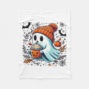 Cute Ghost Drinking Coffee Halloween Ghost Ice Cof Fleece Blanket