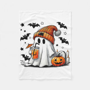Cute Ghost Drinking Coffee Halloween Ghost Ice Cof Fleece Blanket