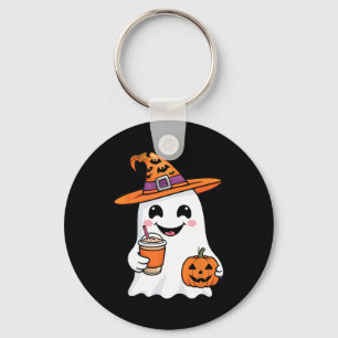 Cute Ghost Drinking Coffee Halloween Ghost Ice Cof Key Ring