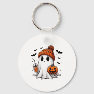 Cute Ghost Drinking Coffee Halloween Ghost Ice Cof Key Ring