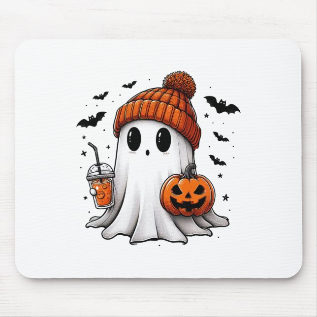 Cute Ghost Drinking Coffee Halloween Ghost Ice Cof Mouse Mat (Front)