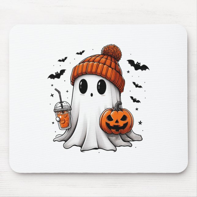 Cute Ghost Drinking Coffee Halloween Ghost Ice Cof Mouse Mat (Front)