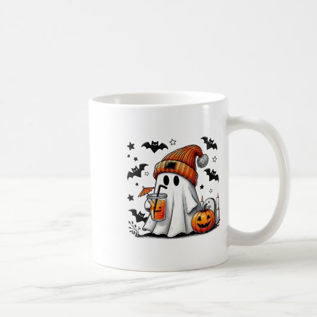 Cute Ghost Drinking Coffee Halloween Ghost Ice Cof Mug (Right)
