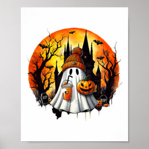 Cute Ghost Drinking Coffee Halloween Ghost Ice Cof Poster