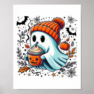 Cute Ghost Drinking Coffee Halloween Ghost Ice Cof Poster