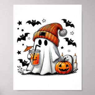 Cute Ghost Drinking Coffee Halloween Ghost Ice Cof Poster