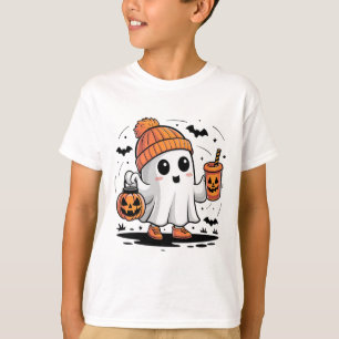 Cute Ghost Drinking Coffee Halloween Ghost Ice Cof T-Shirt