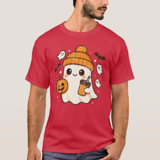 Cute Ghost Drinking Coffee Halloween Ghost Ice Cof T-Shirt