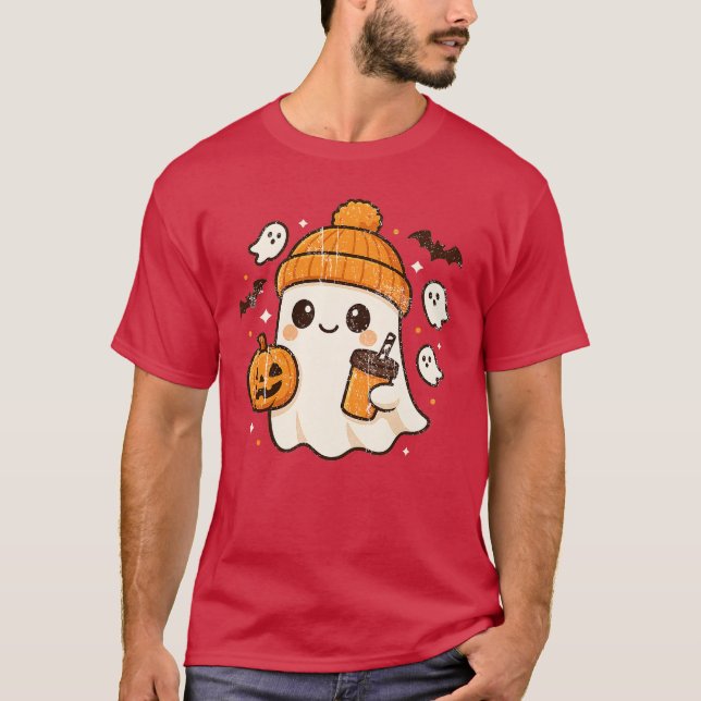 Cute Ghost Drinking Coffee Halloween Ghost Ice Cof T-Shirt (Front)