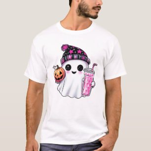 Cute Ghost Drinking Coffee Halloween Ghost Ice Cof T-Shirt