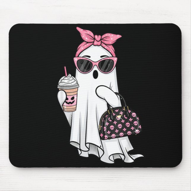 Cute Ghost Drinking Coffee Halloween Ghost Ice Mouse Mat (Front)