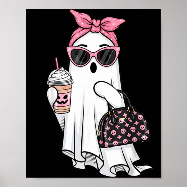 Cute Ghost Drinking Coffee Halloween Ghost Ice Poster (Front)
