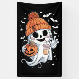 Cute Ghost Drinking Coffee Halloween Iced Coffee Banner