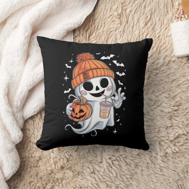 Cute Ghost Drinking Coffee Halloween Iced Coffee Cushion (Blanket)