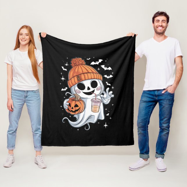 Cute Ghost Drinking Coffee Halloween Iced Coffee Fleece Blanket (In Situ)