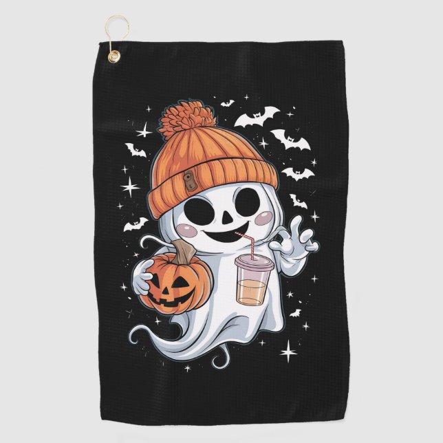 Cute Ghost Drinking Coffee Halloween Iced Coffee Golf Towel (Front)