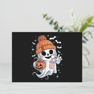 Cute Ghost Drinking Coffee Halloween Iced Coffee Holiday Card
