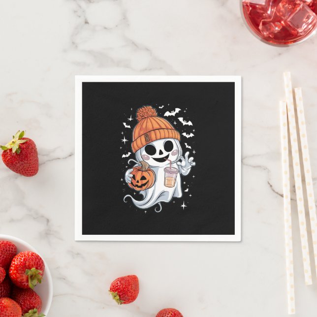 Cute Ghost Drinking Coffee Halloween Iced Coffee Napkin (Insitu)