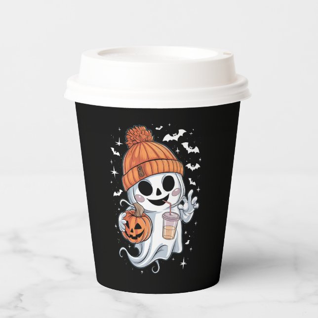 Cute Ghost Drinking Coffee Halloween Iced Coffee Paper Cups (Front)