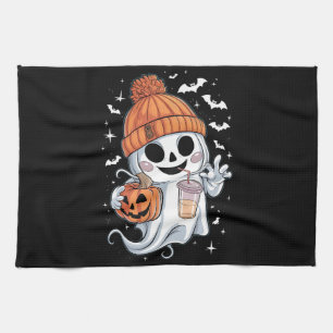 Cute Ghost Drinking Coffee Halloween Iced Coffee Tea Towel