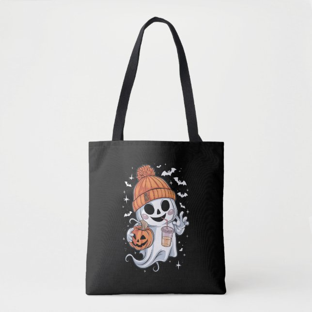 Cute Ghost Drinking Coffee Halloween Iced Coffee Tote Bag (Front)