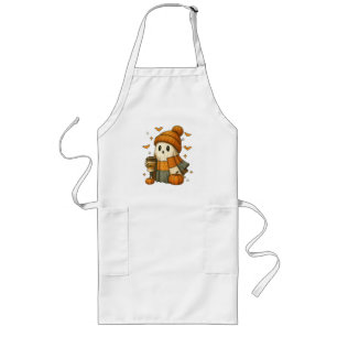 Cute Ghost Drinking Coffee Halloween Long Apron