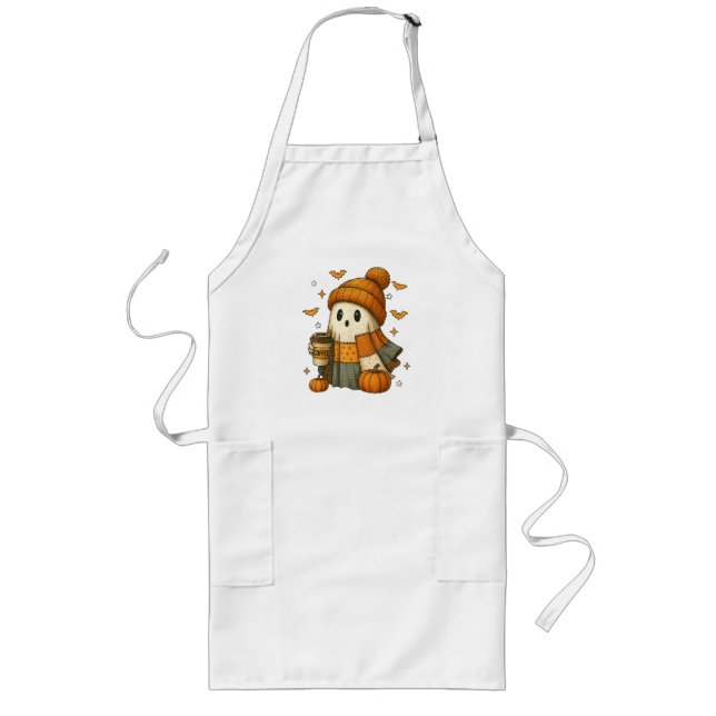 Cute Ghost Drinking Coffee Halloween  Long Apron (Front)