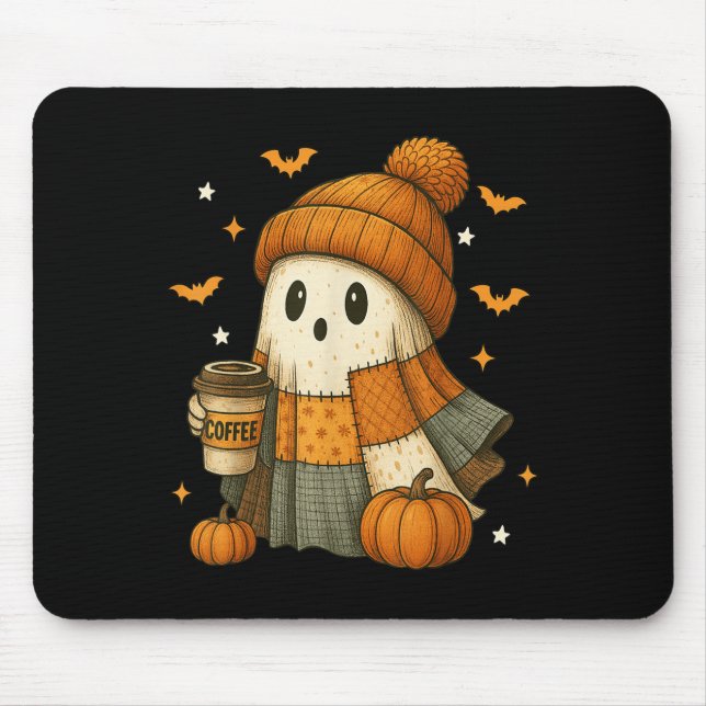 Cute Ghost Drinking Coffee Halloween Patchwork Gho Mouse Mat (Front)