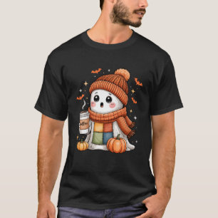 Cute Ghost Drinking Coffee Halloween Patchwork Gho T-Shirt