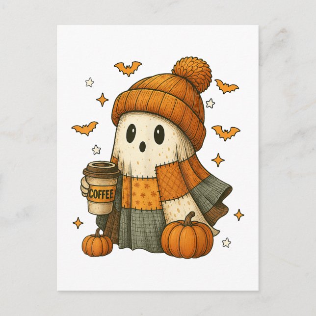 Cute Ghost Drinking Coffee Halloween  Postcard (Front)