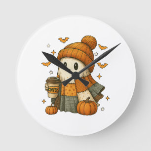 Cute Ghost Drinking Coffee Halloween Round Clock