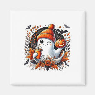 Cute Ghost Drinking Coffee Halloween Theme Spooky Magnet