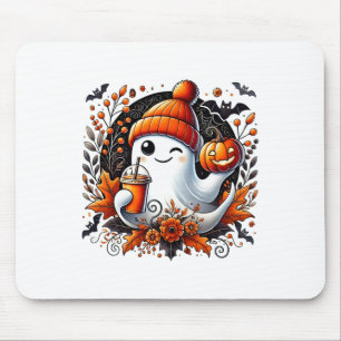 Cute Ghost Drinking Coffee Halloween Theme Spooky Mouse Mat