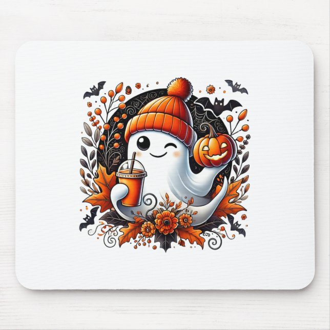 Cute Ghost Drinking Coffee Halloween Theme Spooky  Mouse Mat (Front)