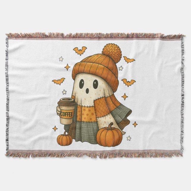 Cute Ghost Drinking Coffee Halloween  Throw Blanket (Front)